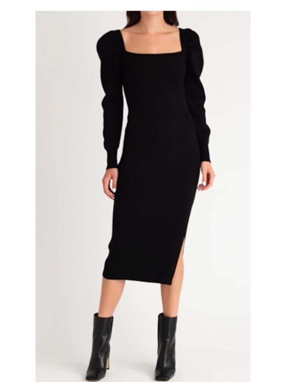 Charles Henry Rib Knit Puffl Sleeve Pullover Black Square Neck Midi Dress XL NWT